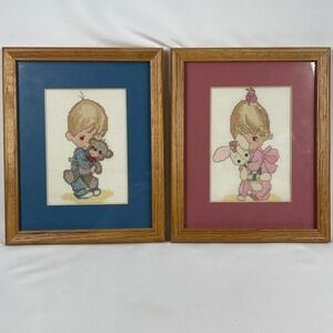 Vintage Precious Moments Style Cross Stitch Set 9x11 Wood Frames Boy Girl Set 2